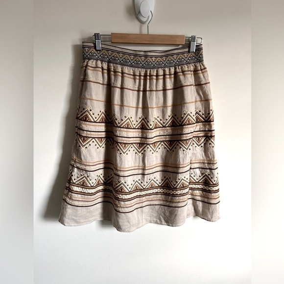 Calypso St. Bart Bohemian Linen Patterned Tan/Brown Pull On Mini Skirt Sz Sm EUC - Picture 1 of 11